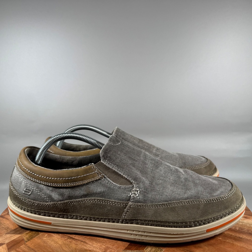Skechers Relaxed Fit Mens 10 Gray Textile Leather Memory Foam Slip On Shoes
